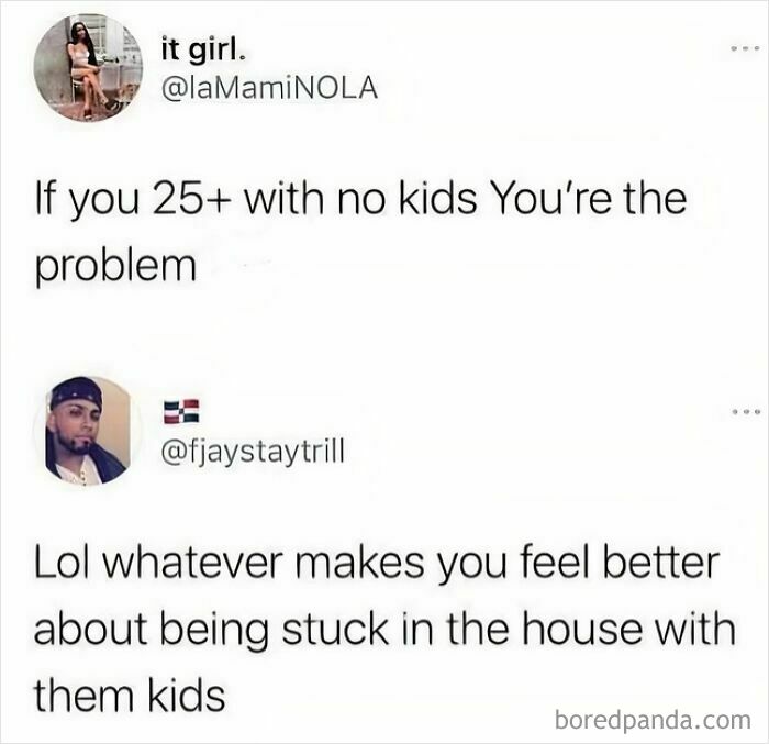 Screenshot of a Twitter conversation about ridiculous fails and opinions on having kids.