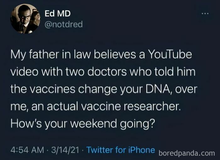 A tweet by Ed MD discussing ridiculous fails, specifically a father-in-law believing YouTube doctors over a vaccine researcher.