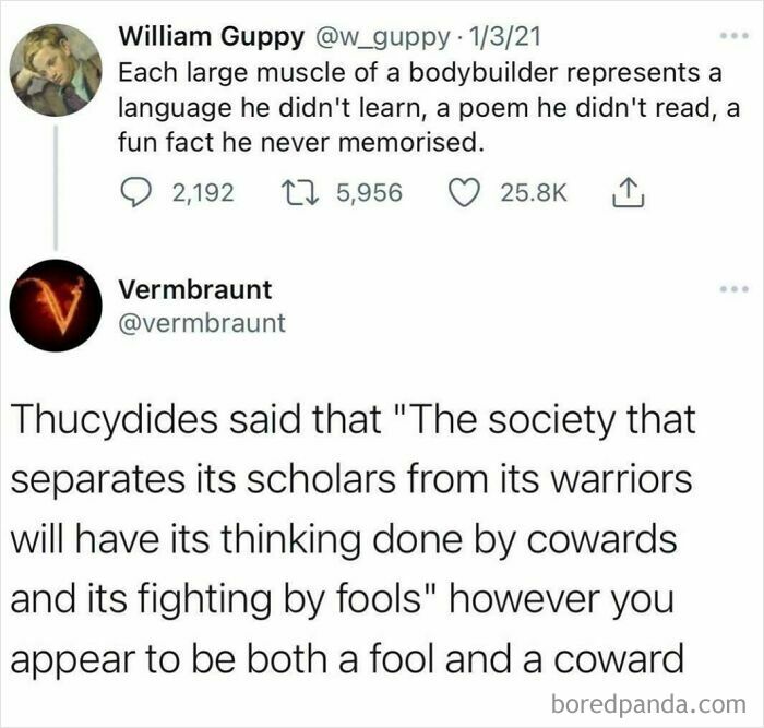 A Twitter conversation highlighting a UK Government fail, with one user criticizing another as a fool and coward.