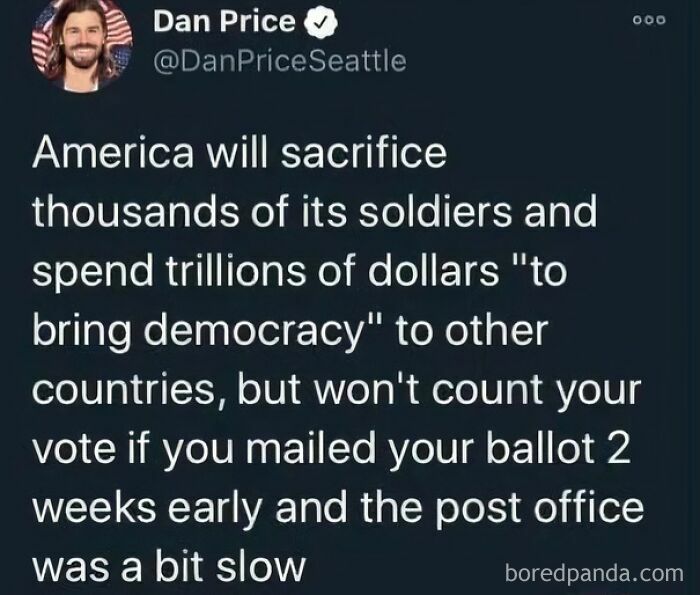 A tweet by Dan Price, representing a UK Government fail, about America's voting system and democracy.