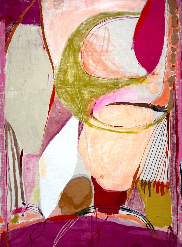 Creative art by Heather Chontos: a vibrant abstract painting with flowing organic shapes in pink, green, and white.