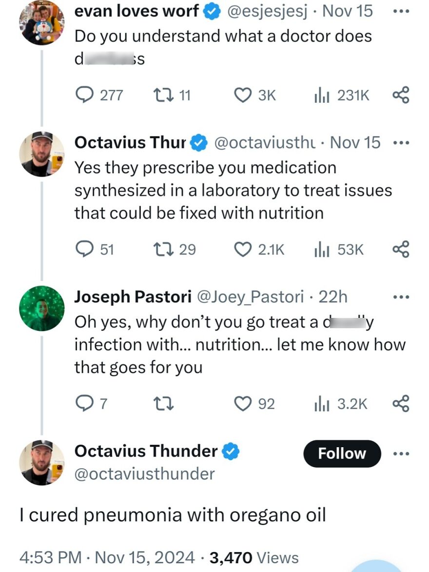 Screenshot of a tweet thread showing terrible medical takes on doctors, medication, and nutrition.