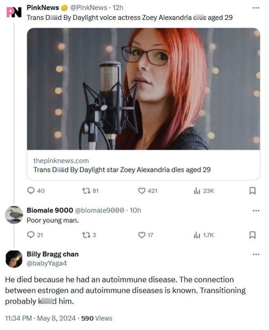 A social media post about a trans actress's d***h, with comments about autoimmune disease and transitioning, a terrible medical take.