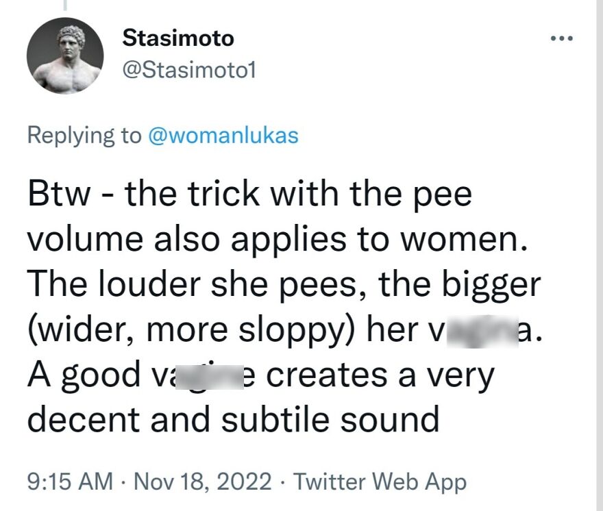 A tweet with terrible medical takes, claiming the sound of a woman peeing indicates her anatomy.