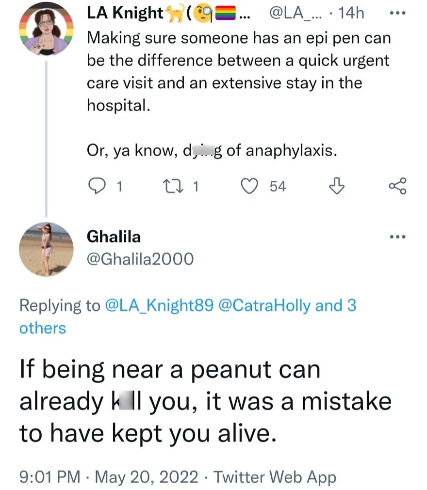 Two tweets showcasing terrible medical takes on anaphylaxis and peanut allergies.