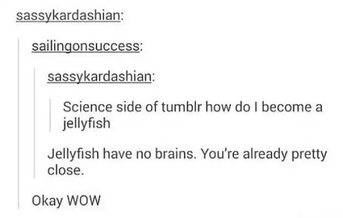 A funny comment section dialogue on Tumblr where someone asks how to become a jellyfish. The comment section is funnier.