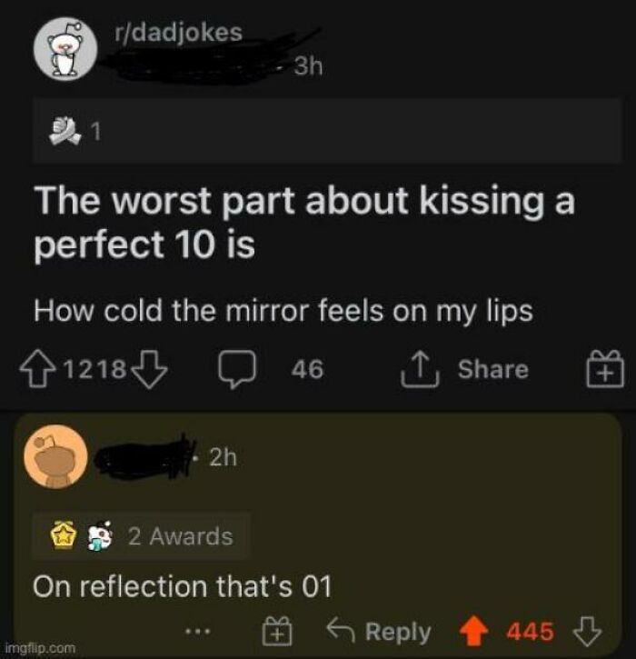 A dad joke about kissing a perfect 10, with a clever reply in the comment section, proving comments are funnier.