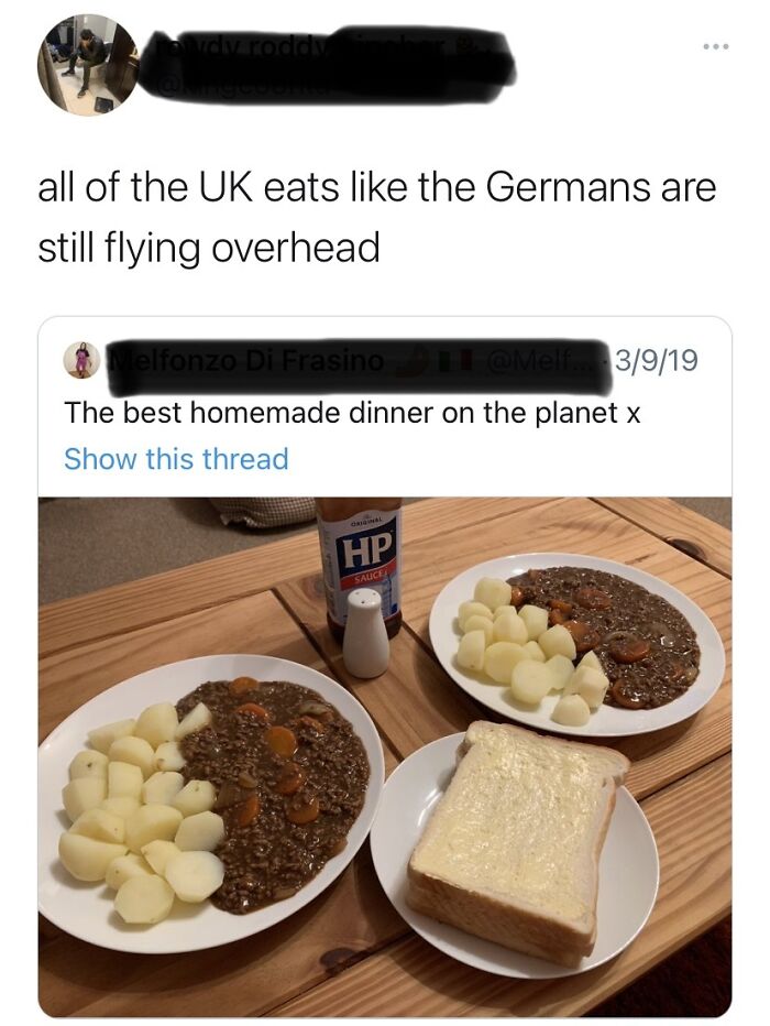 A post about UK eating habits with a comment showing a bland meal, part of funny comment sections.