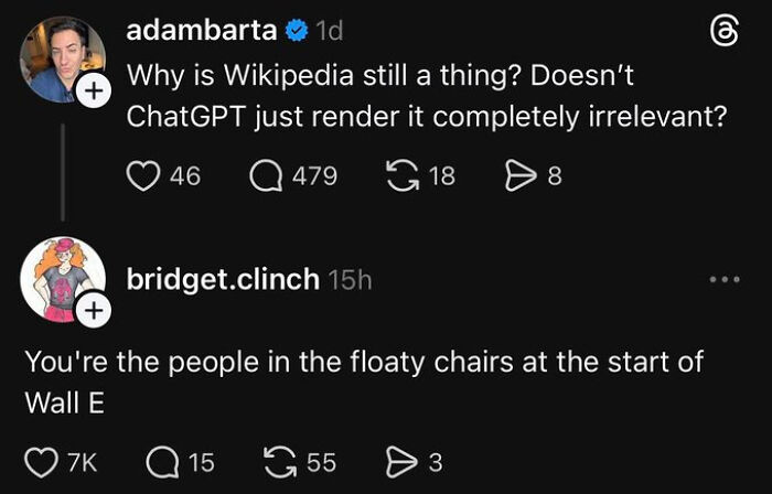 A tweet by adambarta and a funny reply from bridget.clinch, showing how a comment section can be funnier.