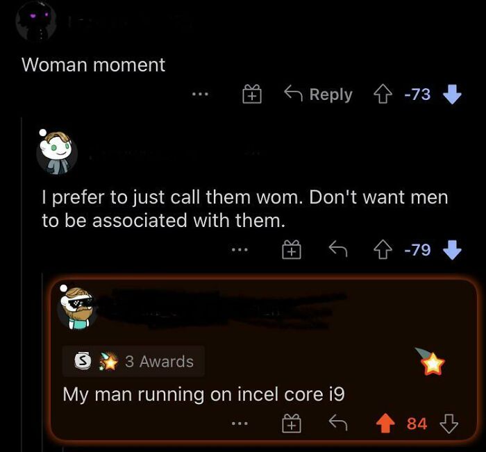 A screenshot of a Reddit thread with comments that are funnier than the initial post, featuring an incel core i9 joke.