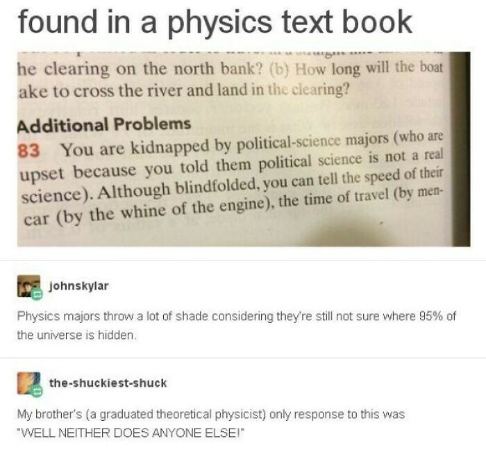 A physics textbook problem about being kidnapped by political-science majors, with funny comments from users below.