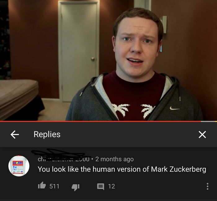 A comment section user stating that a man in the video looks like the human version of Mark Zuckerberg, highlighting funny comments.