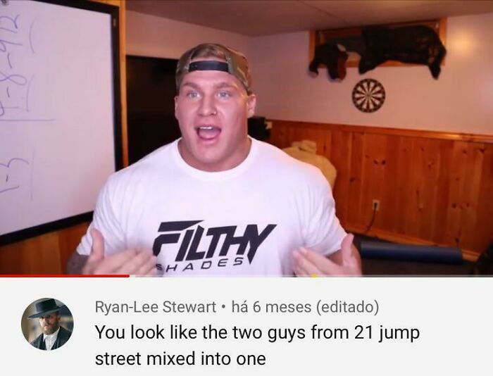 A man in a FILTHY SHADES shirt with a hilarious comment section comparing him to characters from 21 Jump Street.