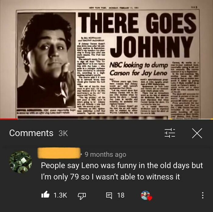 A YouTube video displaying a newspaper headline about Johnny Carson, with a funny comment section about Jay Leno's humor.