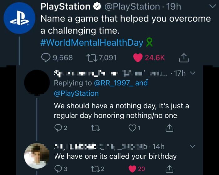 A screenshot of a PlayStation tweet asking about games for challenging times, featuring a funny comment section reply.