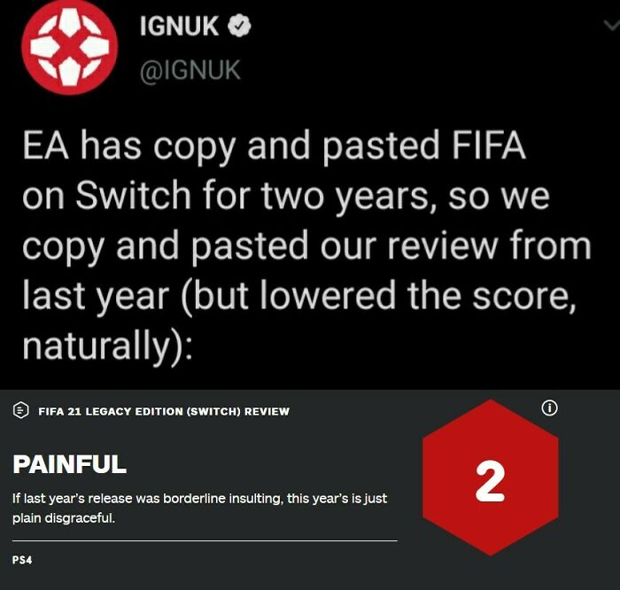 A screenshot showing a hilarious comment section review of FIFA 21 Legacy Edition, rated a 2, calling it painful.