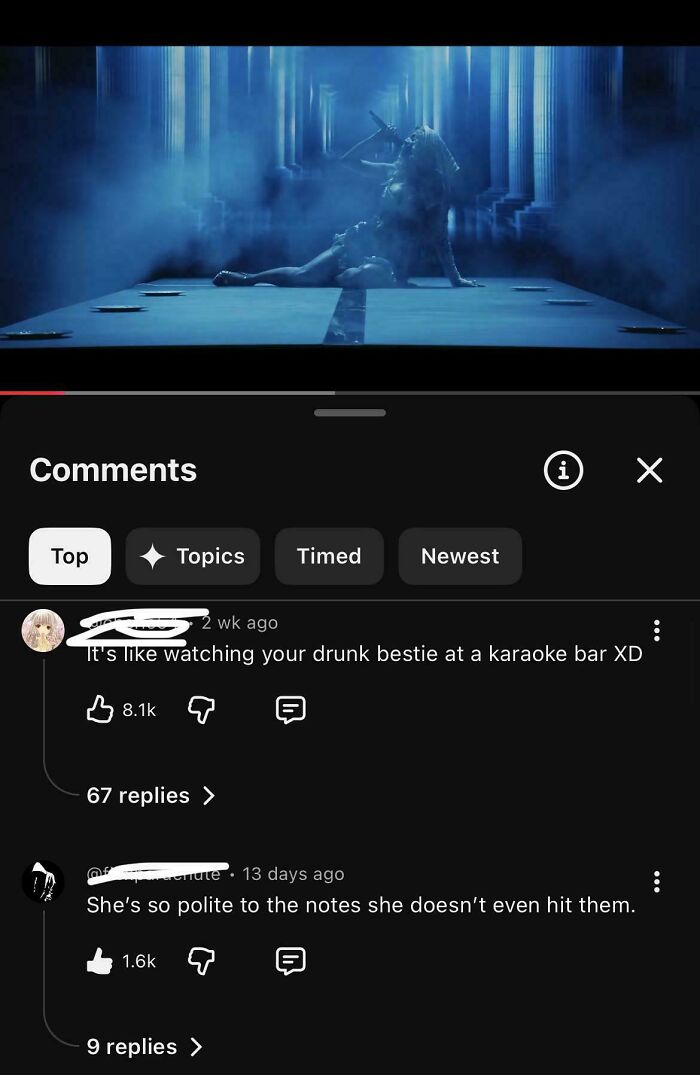 A YouTube video screenshot showcasing a music performance with a funny comment section about a 'drunk bestie at a karaoke bar'.