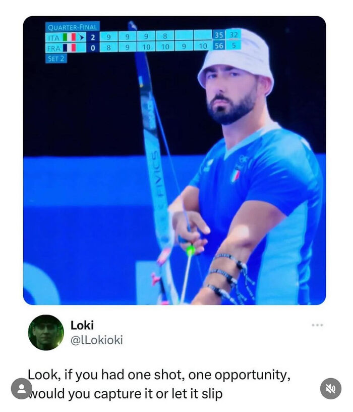 A screenshot of a tweet showing an archer at a competition with a comment that was funnier than the actual post.