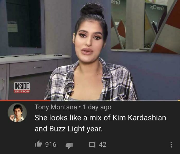 A funny comment section remarking that a woman looks like a mix of Kim Kardashian and Buzz Lightyear.