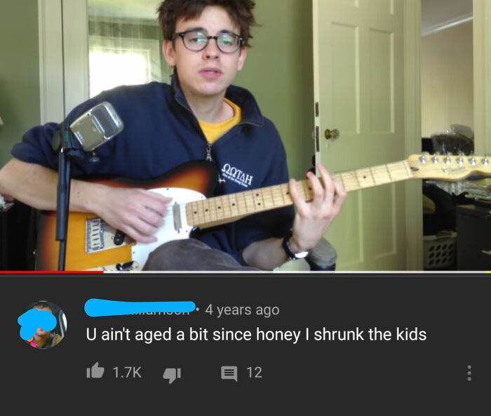 A comment section joke comparing a guitarist to Honey I Shrunk The Kids, highlighting a funny comment.