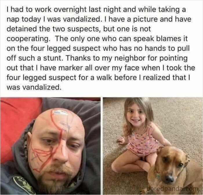 A split image shows a man with a drawn face and a smiling child with a dog, highlighting hilarious and mischievous kids.