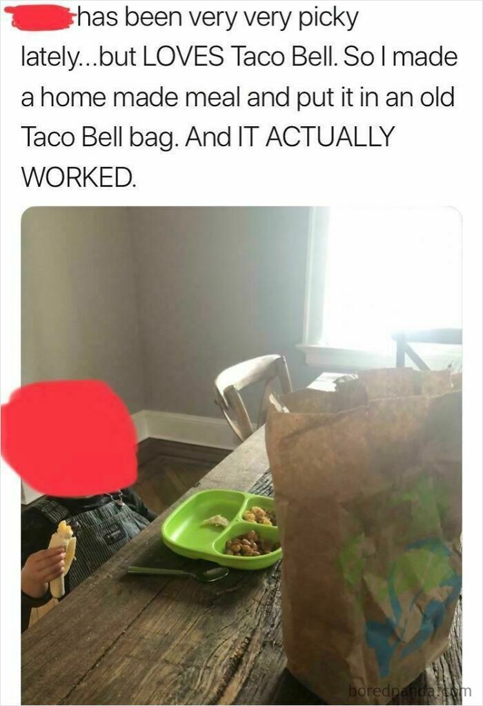 A parent's clever hack to make a picky kid eat a homemade meal using a Taco Bell bag.