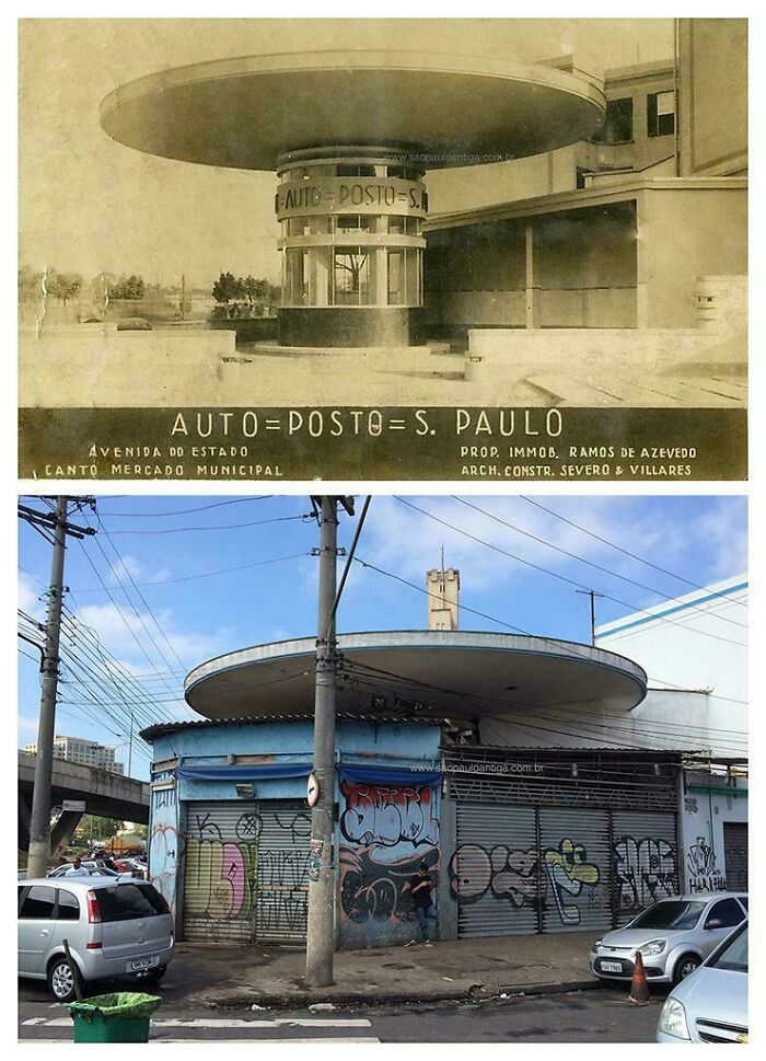 A Futuristic 1933 Gas Station In São Paulo, Brazil, Completely Bricked Up And Swallowed By Urban Decay