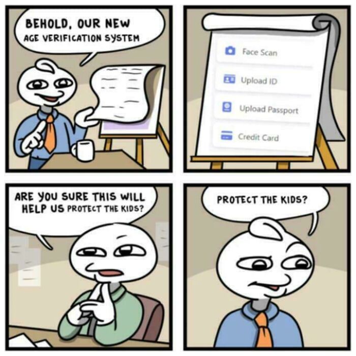 A four-panel comic illustrating a new age verification system, hinting at products and services getting worse while more expensive.