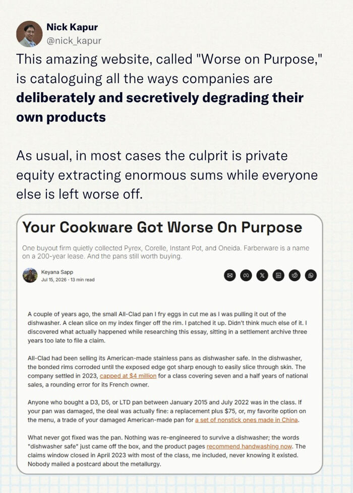 A screenshot of an article titled Your Cookware Got Worse On Purpose, detailing products and services getting worse.