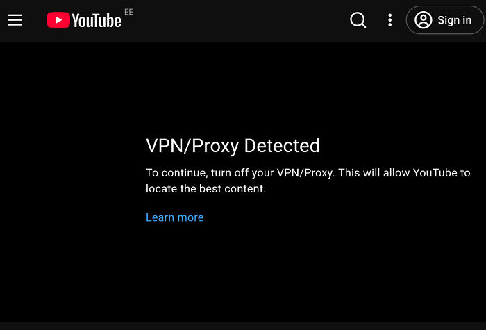 A YouTube screen showing a VPN/Proxy Detected message, indicating products and services getting worse while getting more expensive.