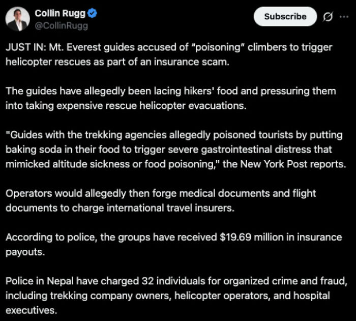 A news article about Mt. Everest guides accused of poisoning climbers, detailing products and services getting worse.