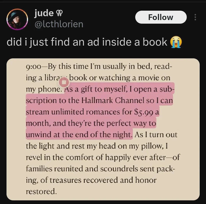 A social media post questioning finding an ad inside a book, highlighting products and services getting worse.