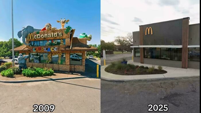 A side-by-side comparison of a McDonald's restaurant in 2009 with a playful design versus a simpler, modern design in 2025, showing products and services evolution.