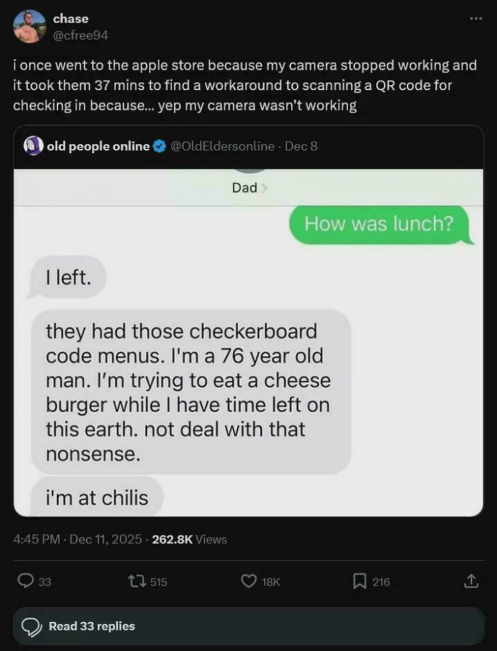 A phone screen showing a text conversation and a tweet about QR code menus, emphasizing products and services getting worse.