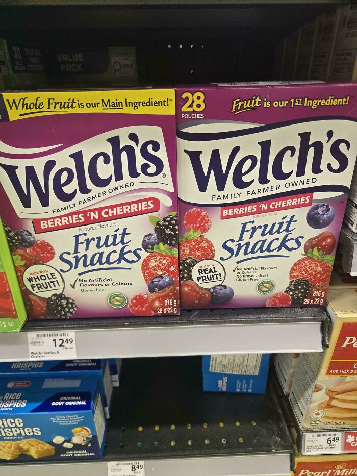 Two boxes of Welch's Berries 'n Cherries Fruit Snacks, exemplifying products and services getting worse and more expensive.