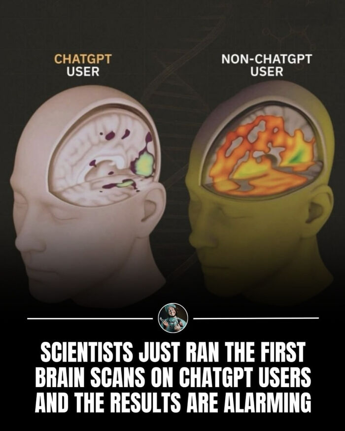 A graphic comparing brain scans of ChatGPT users and non-ChatGPT users, highlighting products and services.