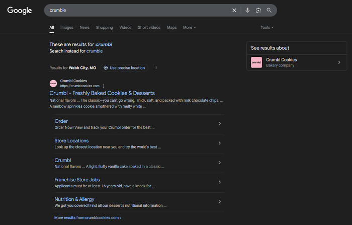 A Google search for Crumbl cookies, a service that got worse while getting more expensive.