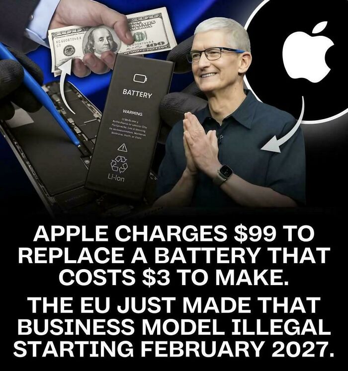 Tim Cook and a person exchanging money for an iPhone battery, depicting services that got worse while getting more expensive.