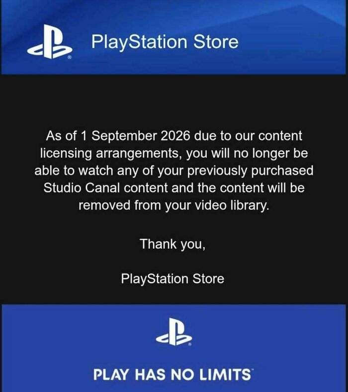A PlayStation Store message about content licensing, reflecting products that got worse while getting more expensive.