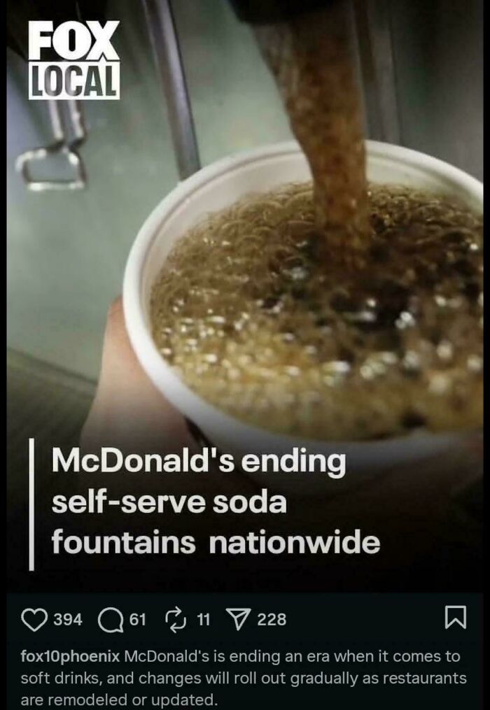 A hand holding a McDonald's cup being filled with soda, symbolizing products that got worse while getting more expensive.