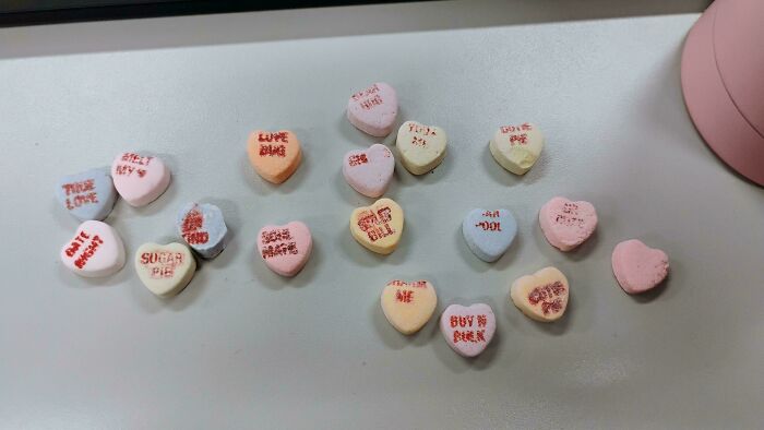Heart-shaped candies on a table, representing products that got worse while getting more expensive.
