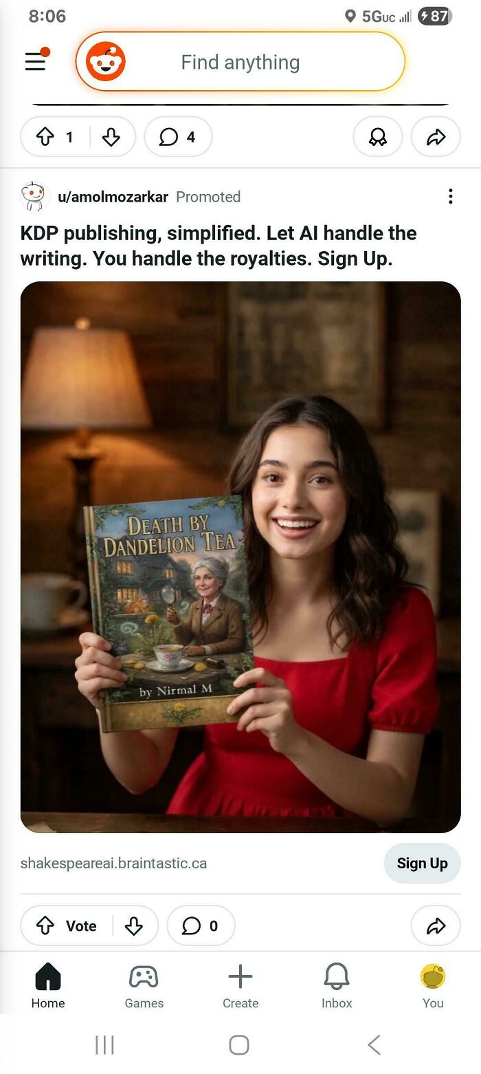 A smiling woman holds a book. The image highlights products and services getting worse and more expensive.