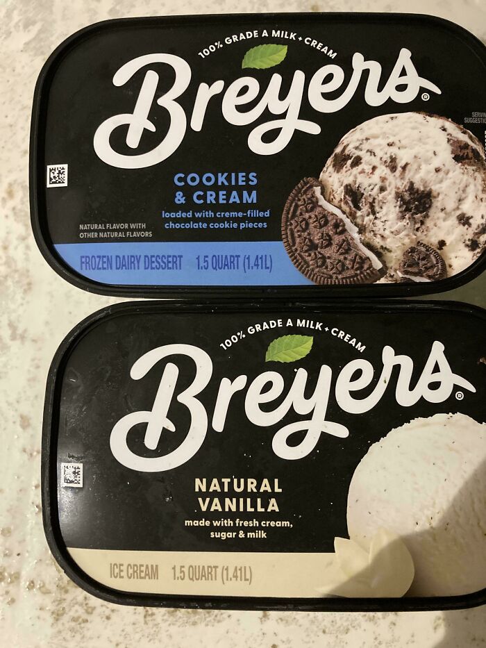 Two containers of Breyers ice cream, one Cookies & Cream and one Natural Vanilla, showing products getting worse while more expensive.