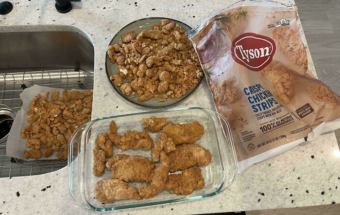 Tyson crispy chicken strips looking worse while getting more expensive on a kitchen counter.