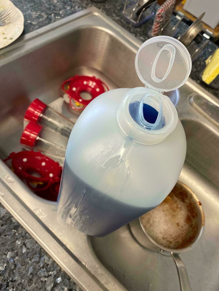 A bottle of blue cleaning product and hummingbird feeders in a sink, showing products getting worse while getting more expensive.