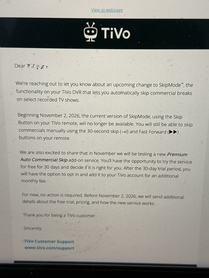 A TiVo email detailing changes to SkipMode and new Premium Auto Commercial Skip, reflecting services getting worse while getting more expensive.