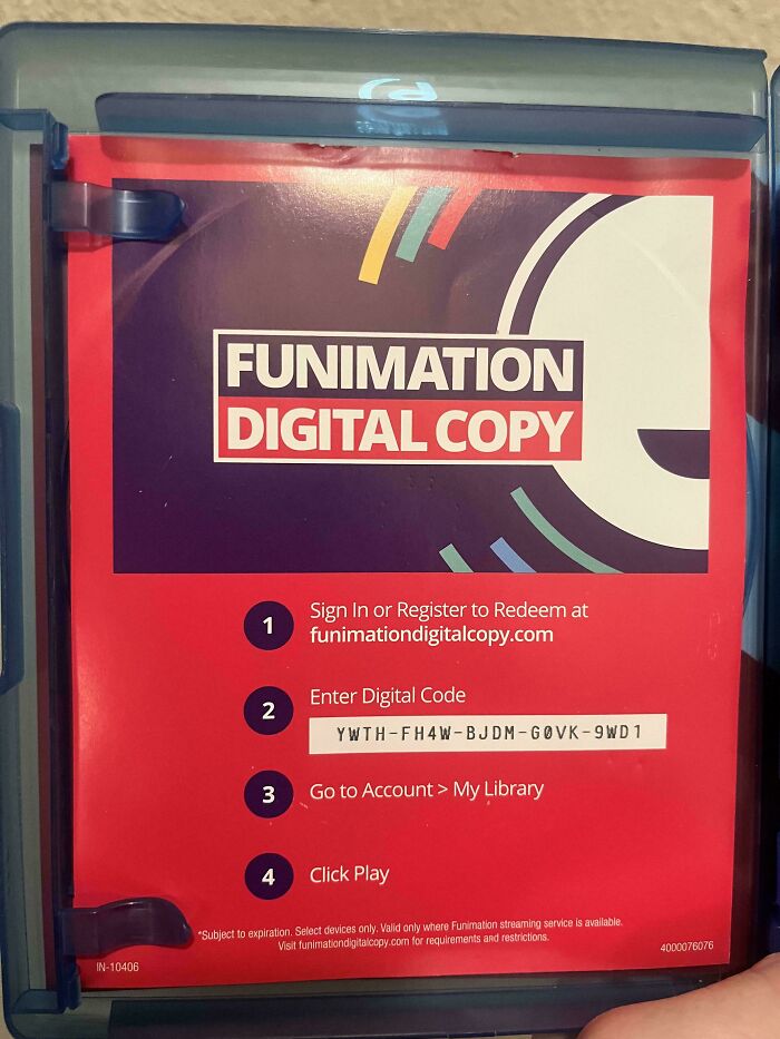 A Funimation Digital Copy redemption card with a code, highlighting digital services getting worse while getting more expensive.
