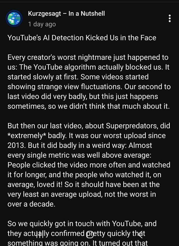 A YouTube post by Kurzgesagt about their video being blocked by AI, showing services getting worse while getting more expensive.
