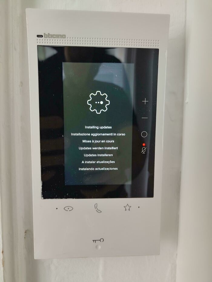 A btcino intercom displays an update screen, showing how products got worse while getting more expensive.