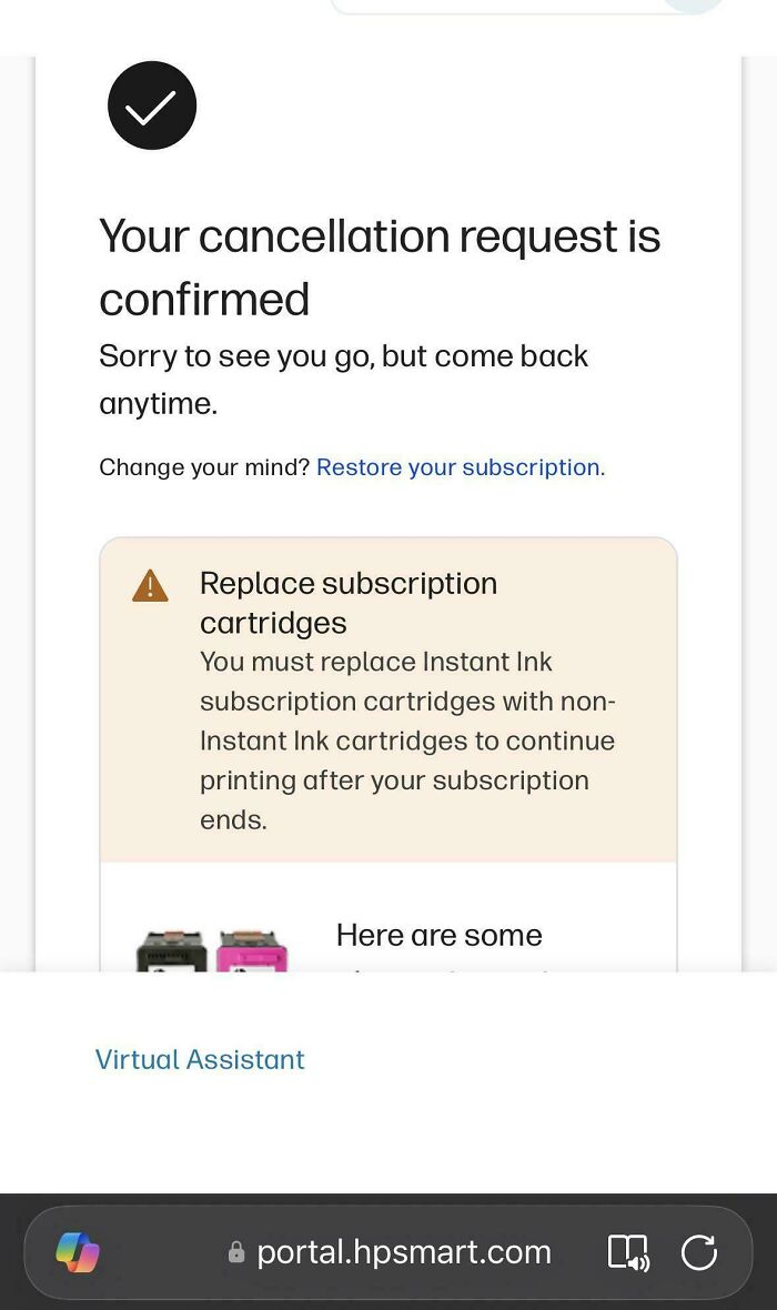 A cancellation confirmation page for a subscription, with a warning to replace cartridges, showing products getting worse.
